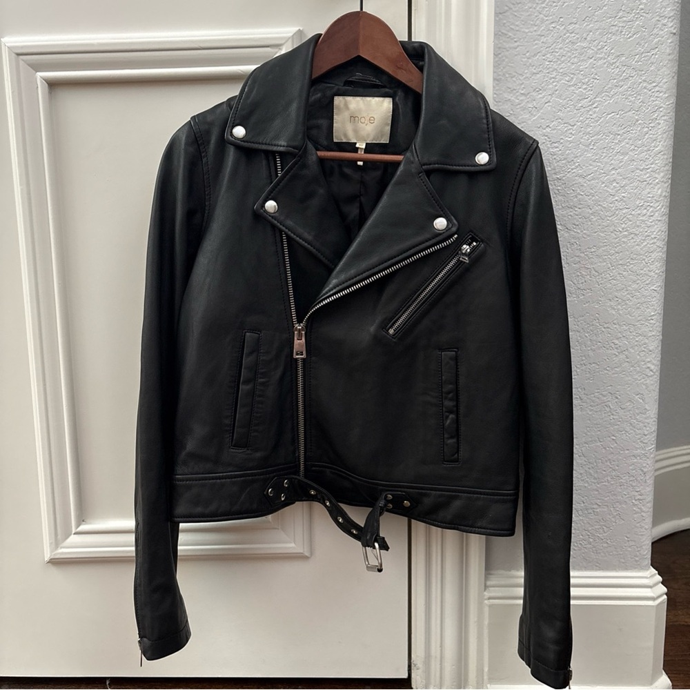 Maje Bostep Blouson Moto Lambskin Leather Jacket FR 40 or US 8 Black Biker